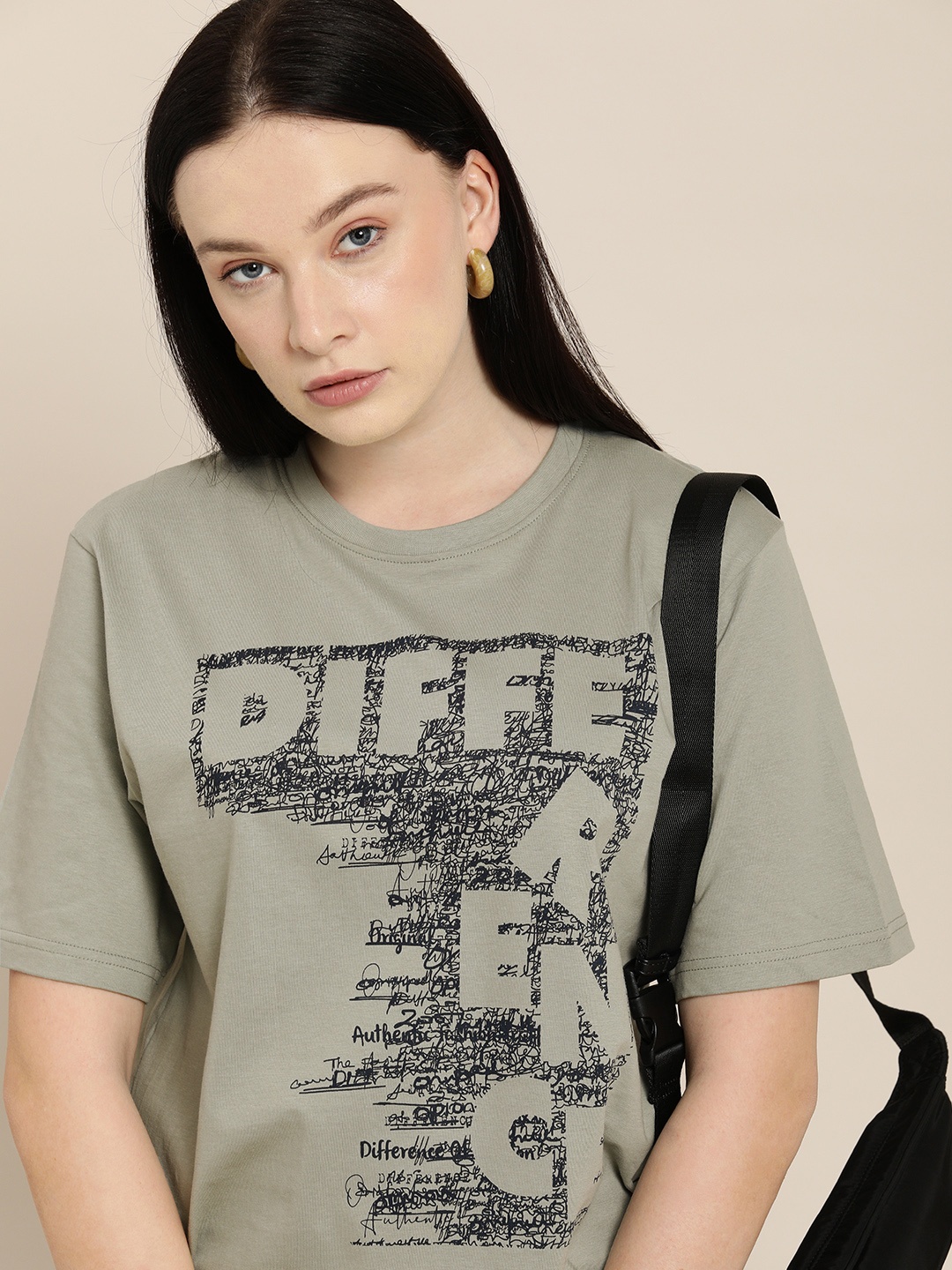 

Difference of Opinion Women Grey Typography Printed Oversized T-shirt
