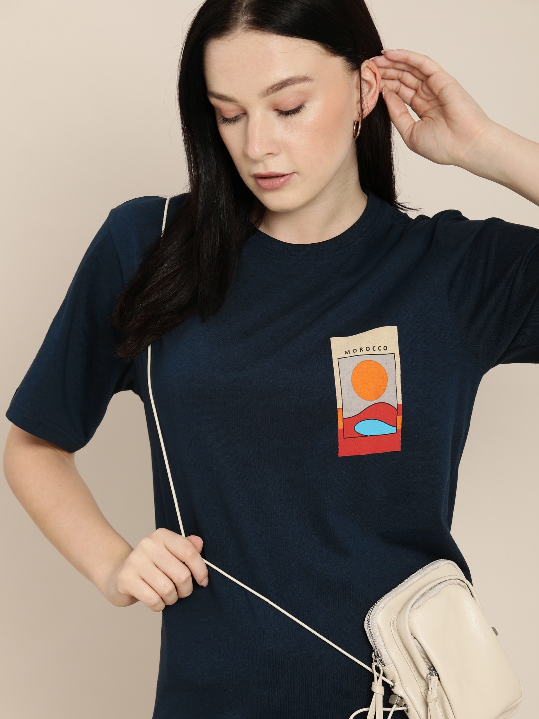 

Difference of Opinion Women Navy Blue Printed Oversized T-shirt