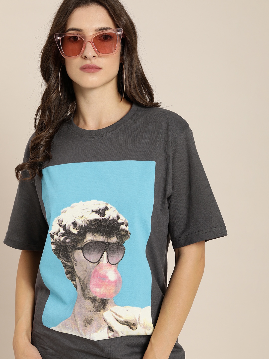 

Difference of Opinion Women Grey Pure Cotton Printed Oversized T-shirt