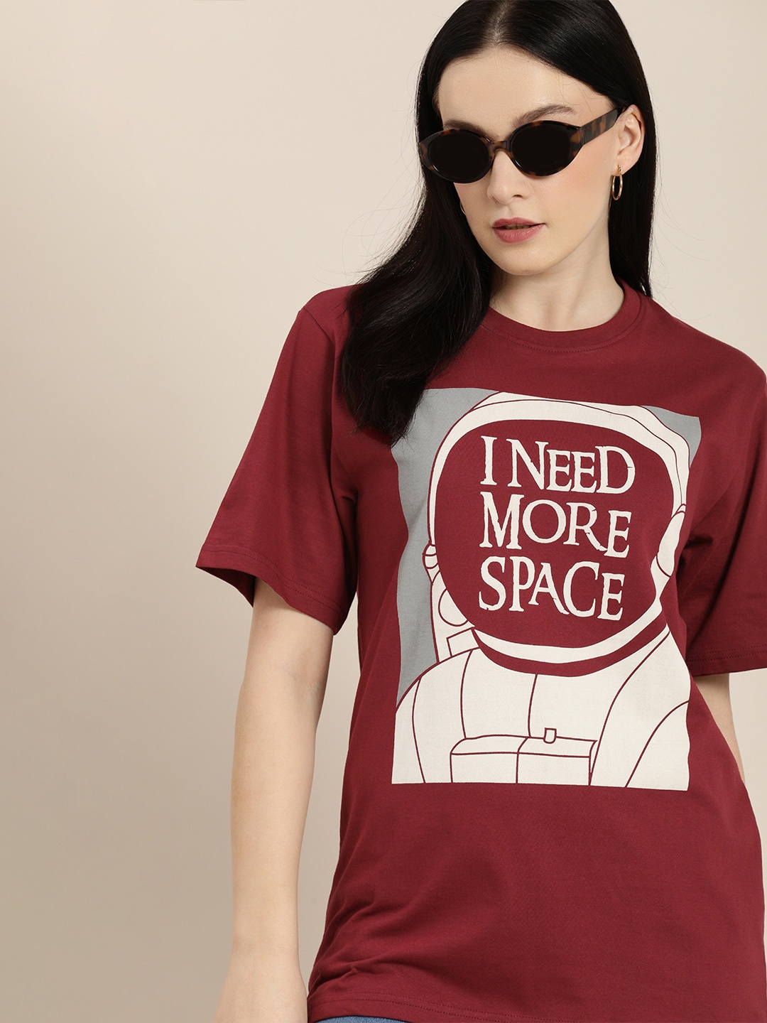 

Difference of Opinion Women Maroon Pure Cotton Printed Oversized T-shirt