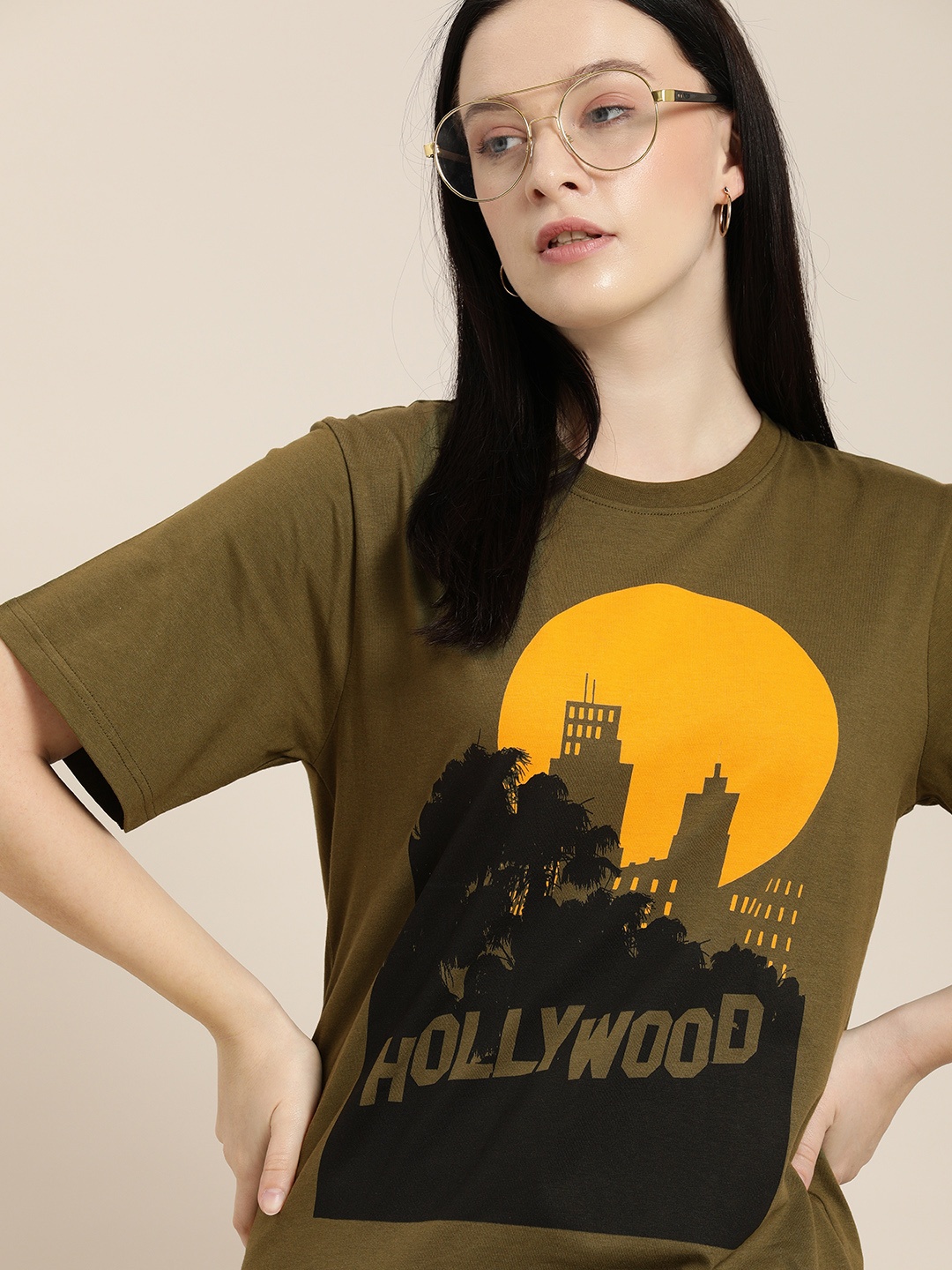 

Difference of Opinion Women Olive Green Printed Loose Pure Cotton T-shirt