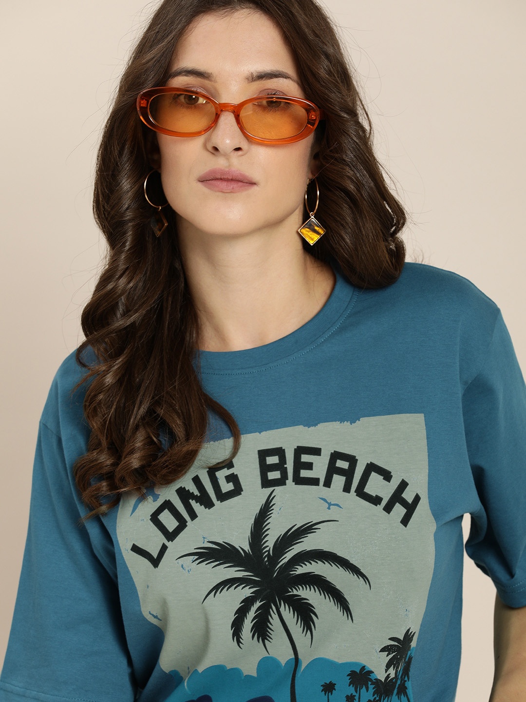 

Difference of Opinion Women Blue Typography Printed Oversized Pure Cotton T-shirt
