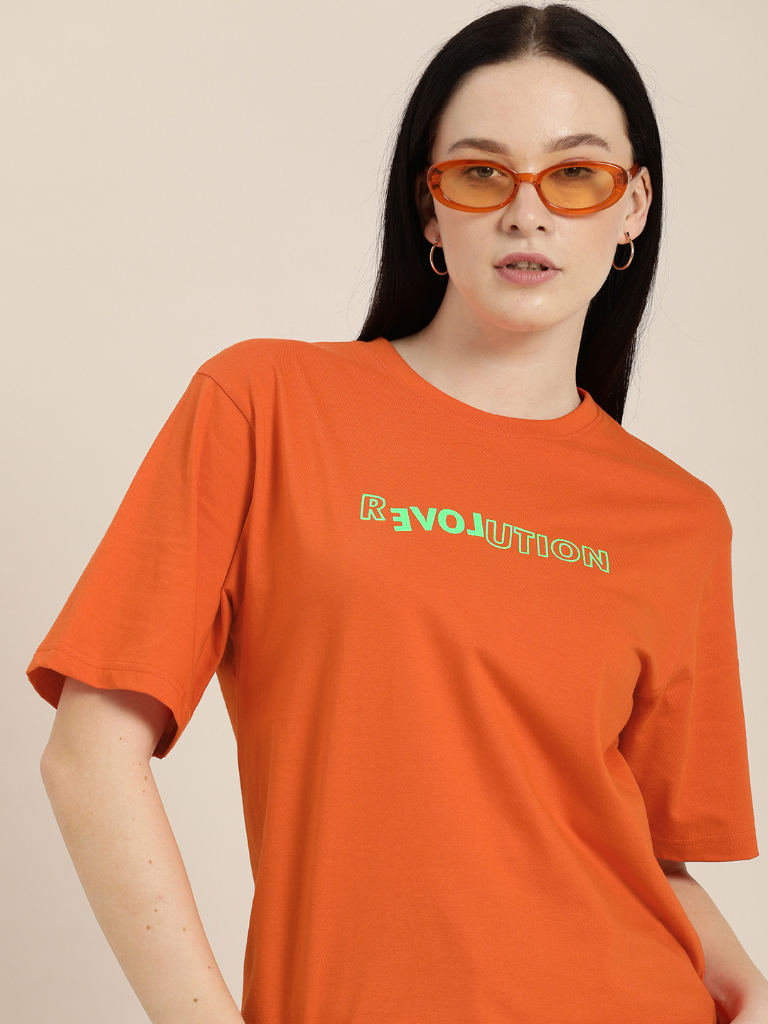 

Difference of Opinion Women Orange Typography Cotton Oversized T-shirt