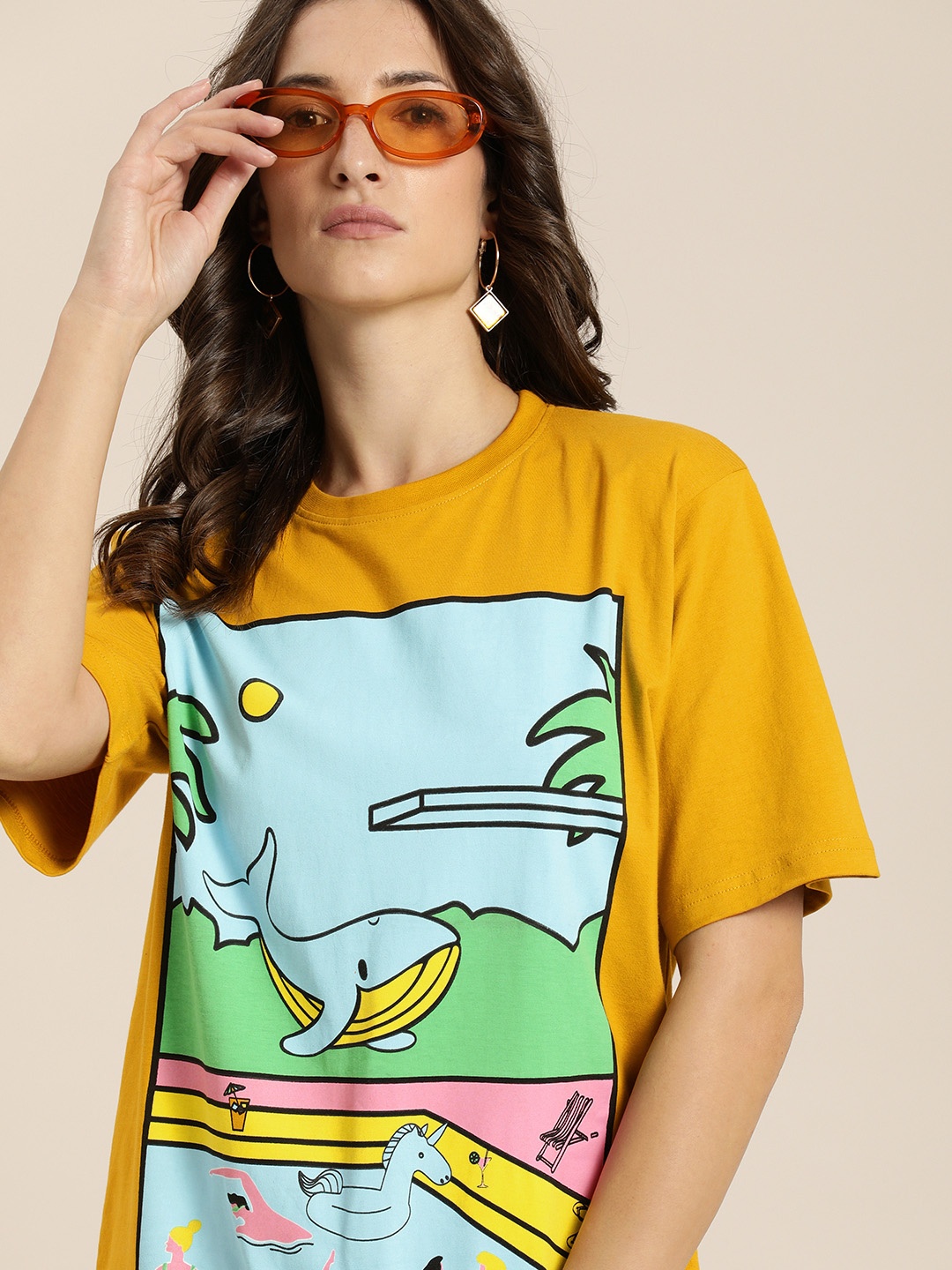 

Difference of Opinion Women Mustard Yellow Printed Cotton Oversized T-shirt