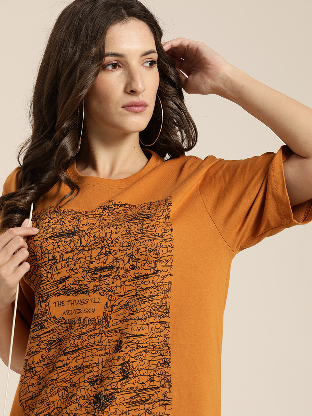 

Difference of Opinion Women Mustard Yellow Printed Pure Cotton T-shirt