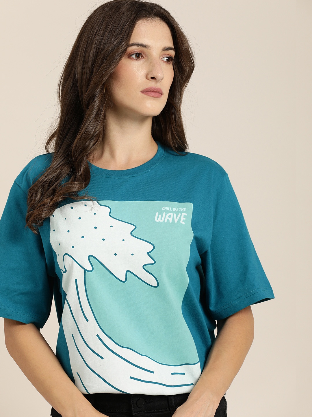 

Difference of Opinion Women Blue Printed Cotton Oversized T-shirt