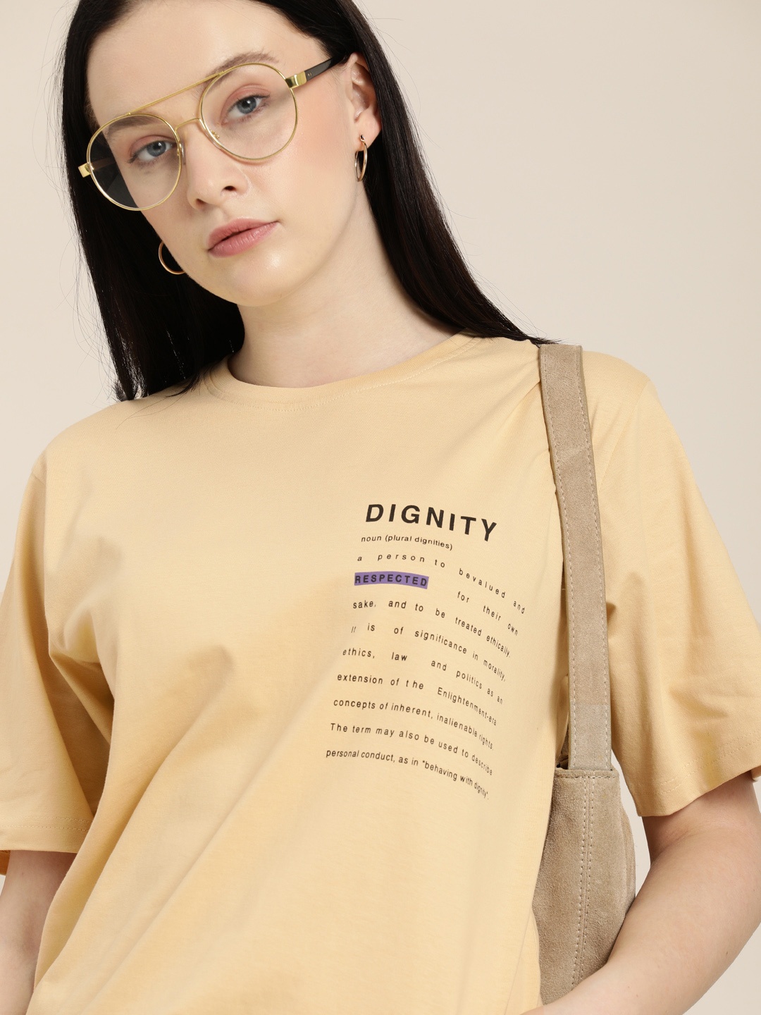 

Difference of Opinion Women Beige Black Printed Oversized T-shirt