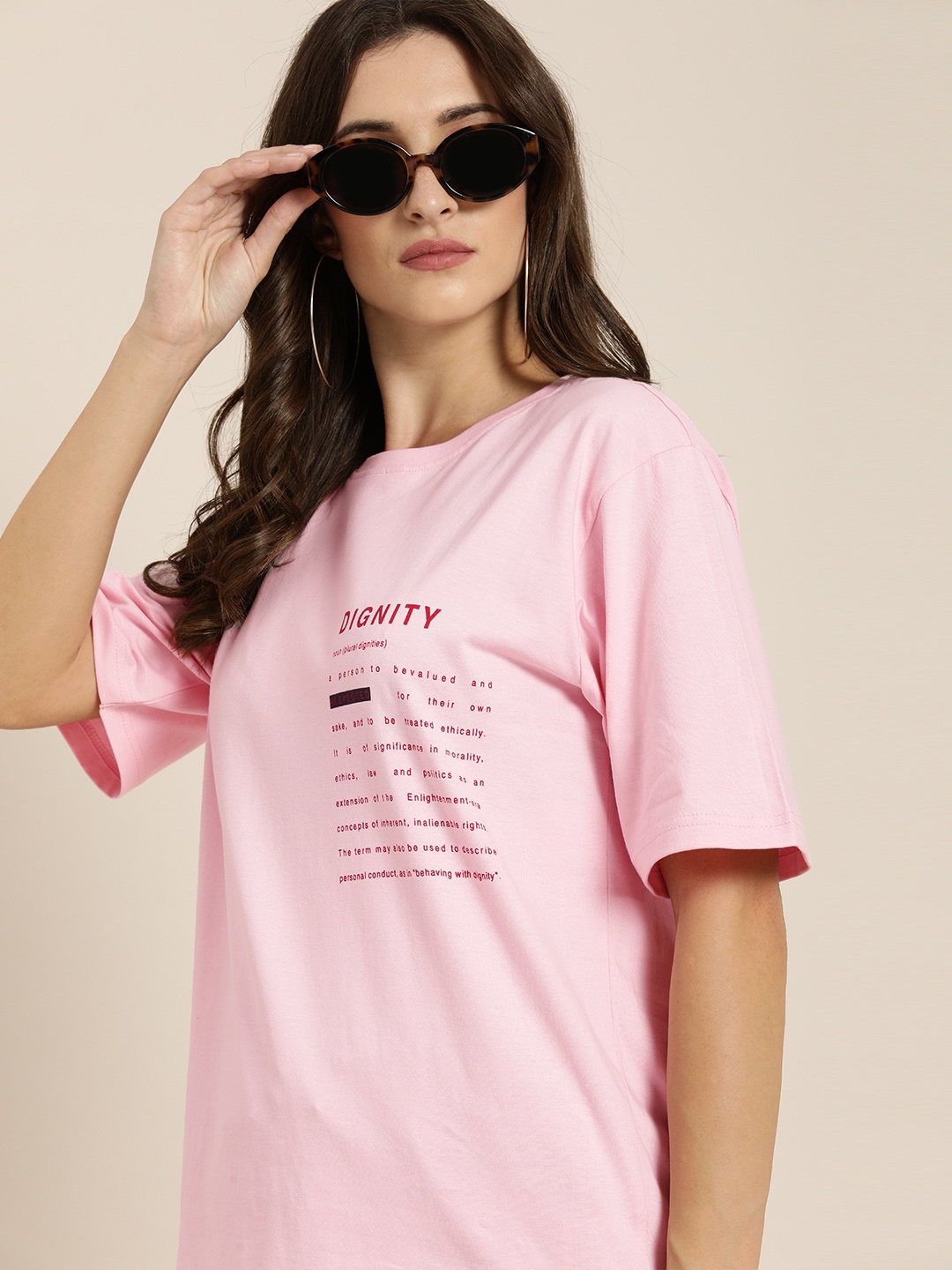 

Difference of Opinion Women Pink Typography Printed Cotton Oversize Pure Cotton T-shirt