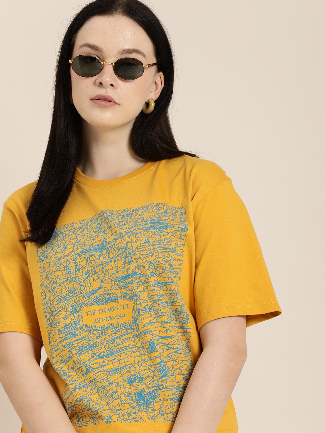 

Difference of Opinion Women Mustard Yellow Printed Oversized T-shirt