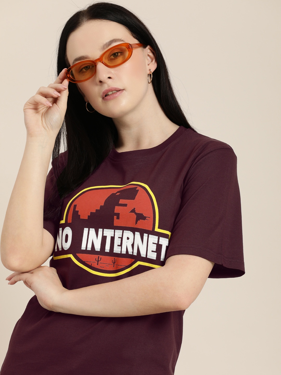 

Difference of Opinion Women Maroon Printed Oversized T-shirt