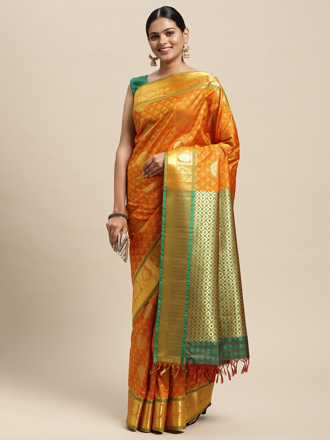 

Thara Sarees Orange & Golden Ethnic Motifs Zari Art Silk Kanjeevaram Saree