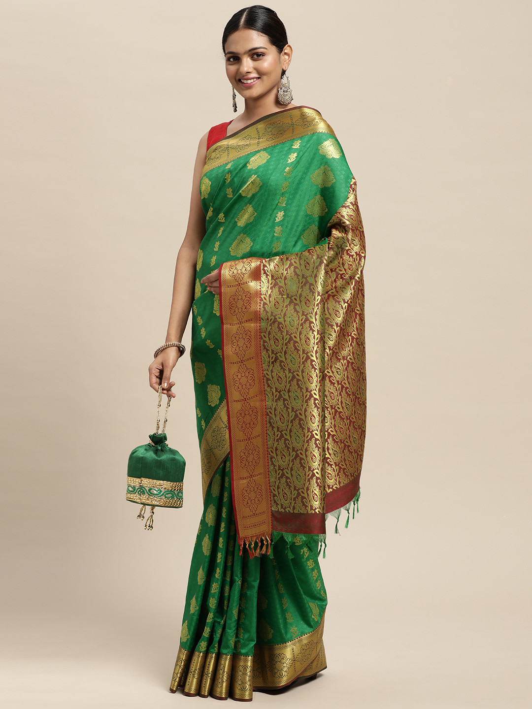 

Thara Sarees Green & Golden Ethnic Motifs Zari Art Silk Kanjeevaram Saree