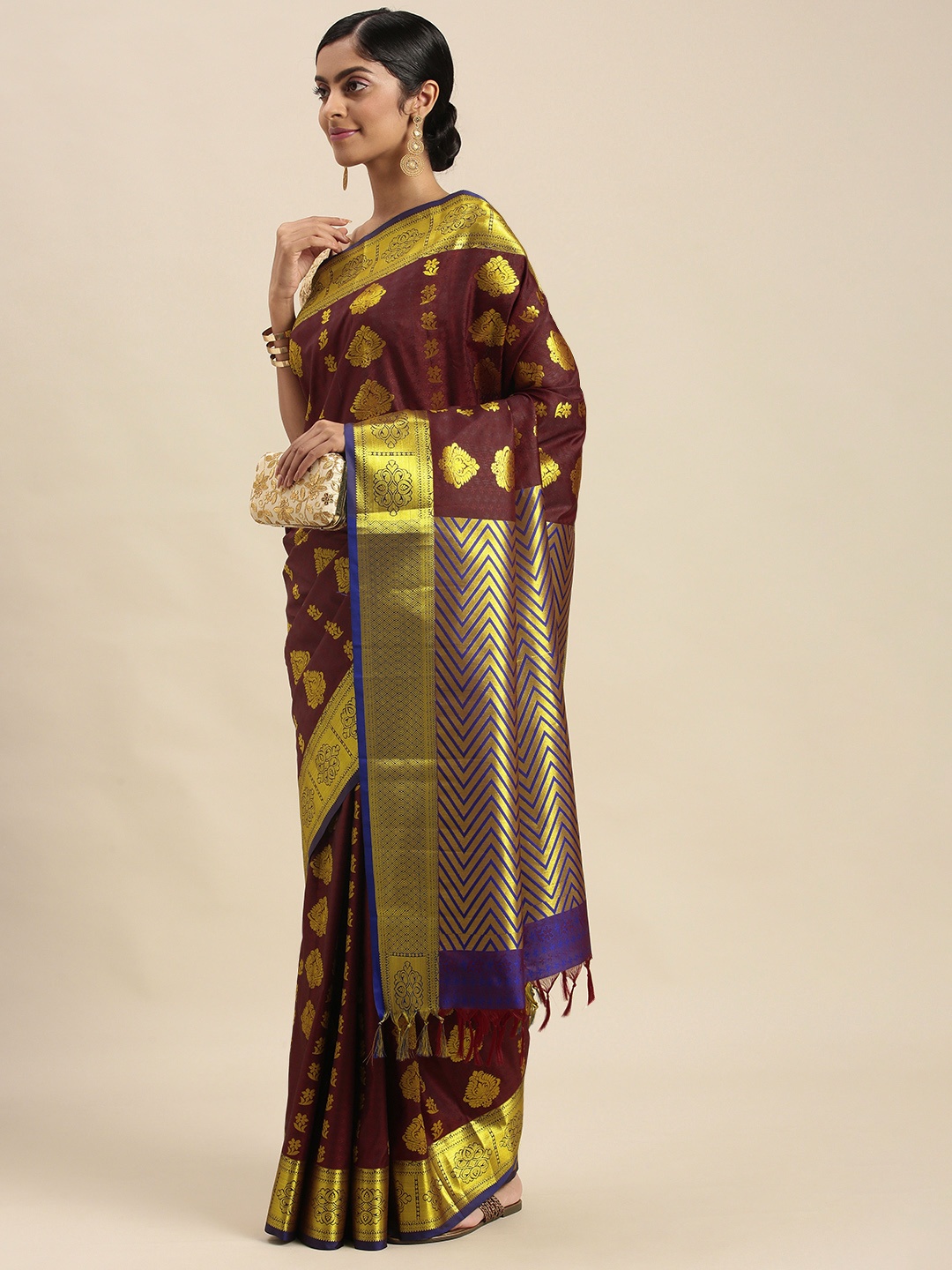 

Thara Sarees Coffee Brown & Golden Ethnic Motifs Zari Art Silk Kanjeevaram Saree