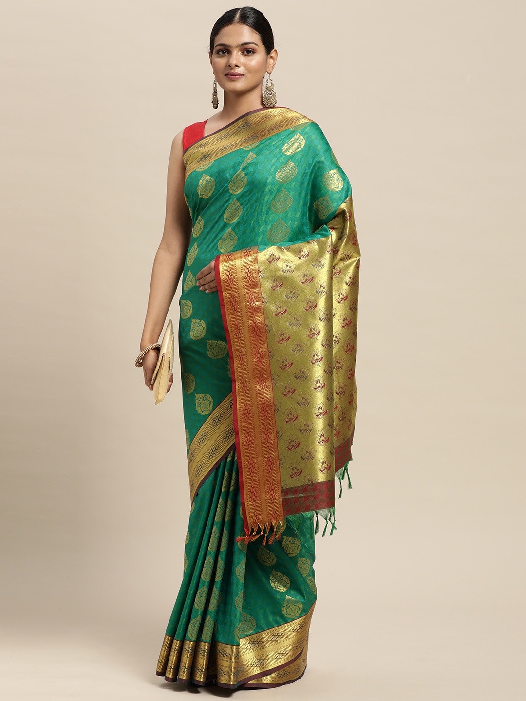 

Thara Sarees Teal Green & Golden Ethnic Motifs Zari Art Silk Kanjeevaram Saree