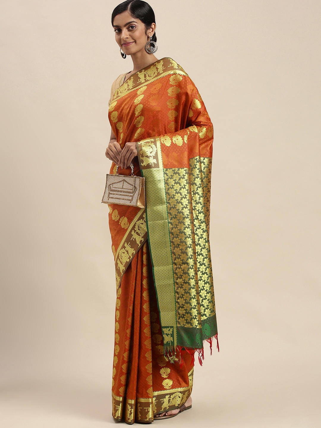 

Thara Sarees Brown & Golden Ethnic Motifs Zari Art Silk Kanjeevaram Saree