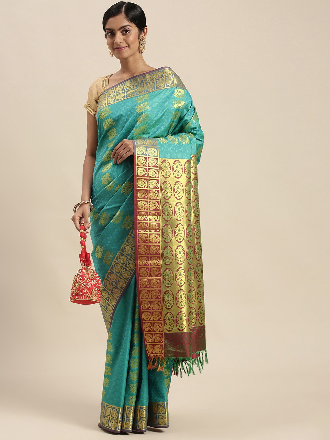 

Thara Sarees Turquoise Blue & Golden Ethnic Motifs Zari Art Silk Kanjeevaram Saree