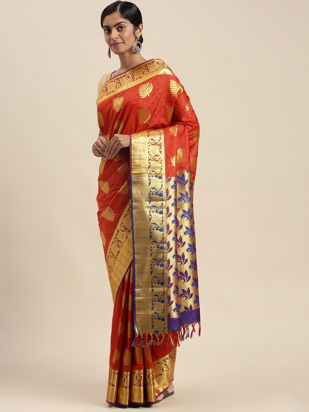 

Thara Sarees Rust Orange & Golden Ethnic Motifs Zari Art Silk Kanjeevaram Saree