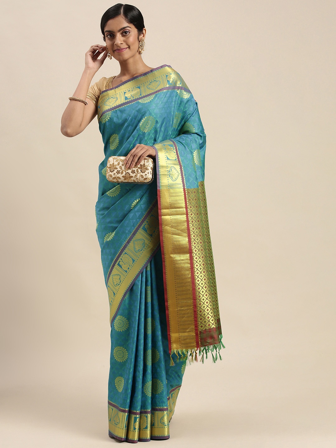 

Thara Sarees Turquoise Blue & Golden Ethnic Motifs Zari Art Silk Kanjeevaram Saree