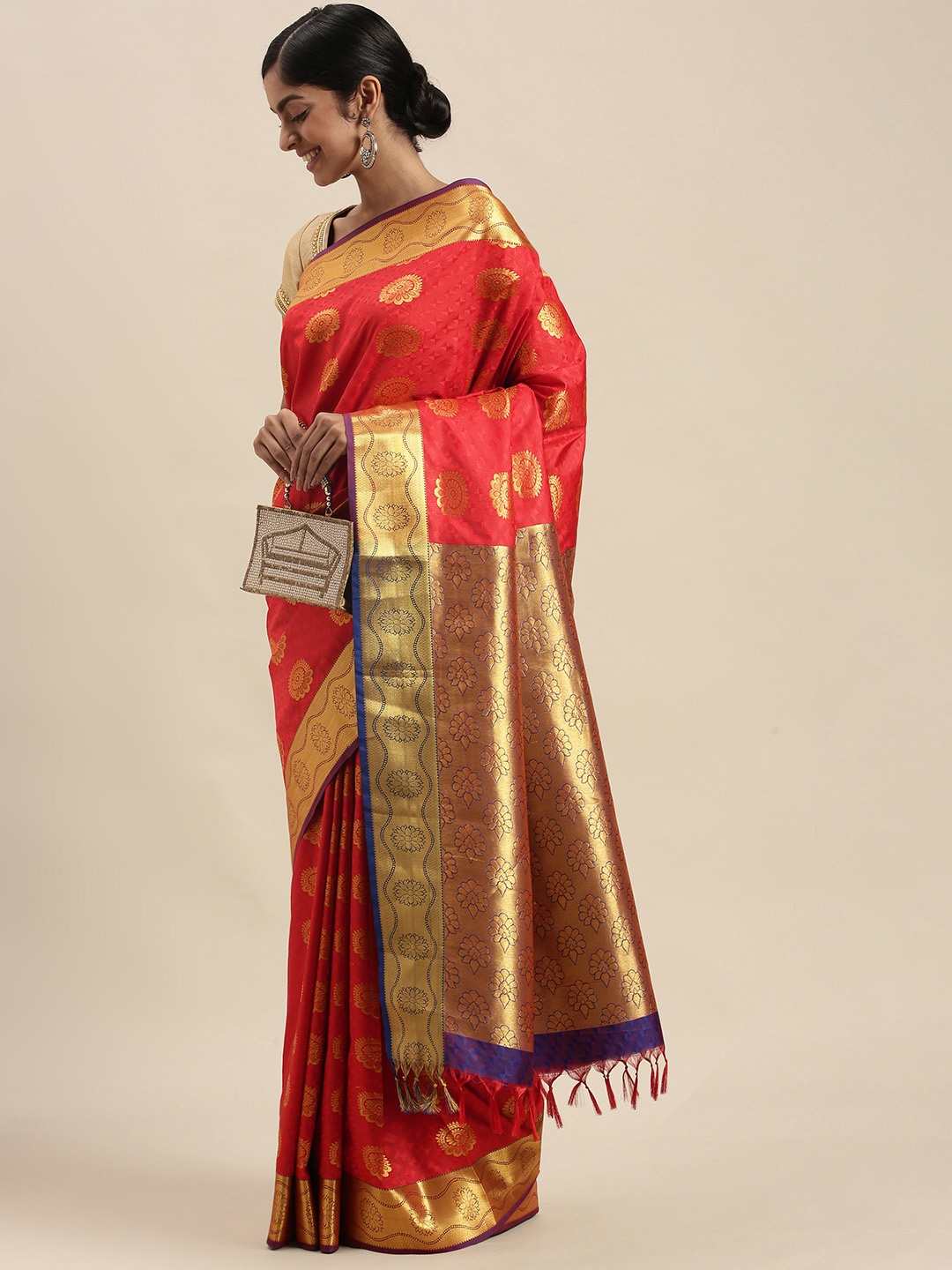 

Thara Sarees Pink & Golden Ethnic Motifs Zari Art Silk Kanjeevaram Saree