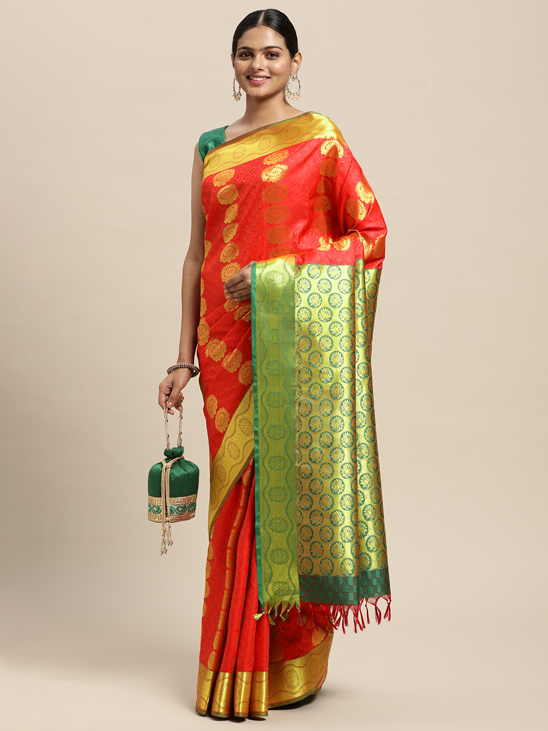 

Thara Sarees Orange & Golden Ethnic Motifs Zari Art Silk Kanjeevaram Saree