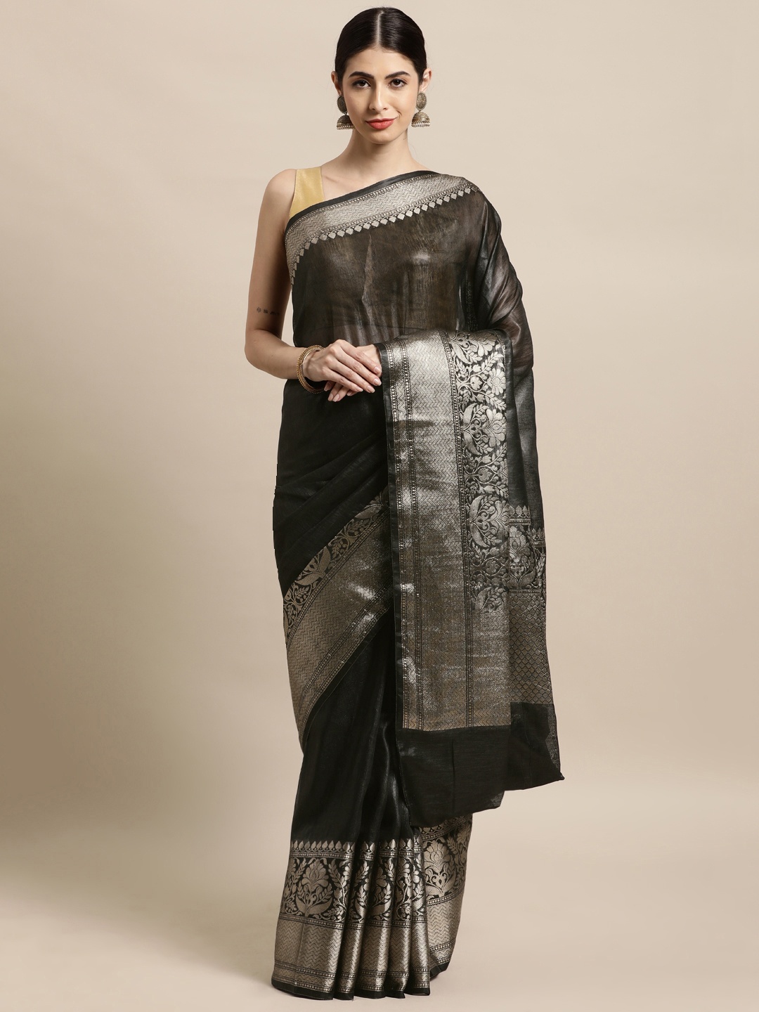 

swatika Black & Black Ethnic Motifs Zari Linen Blend Banarasi Saree