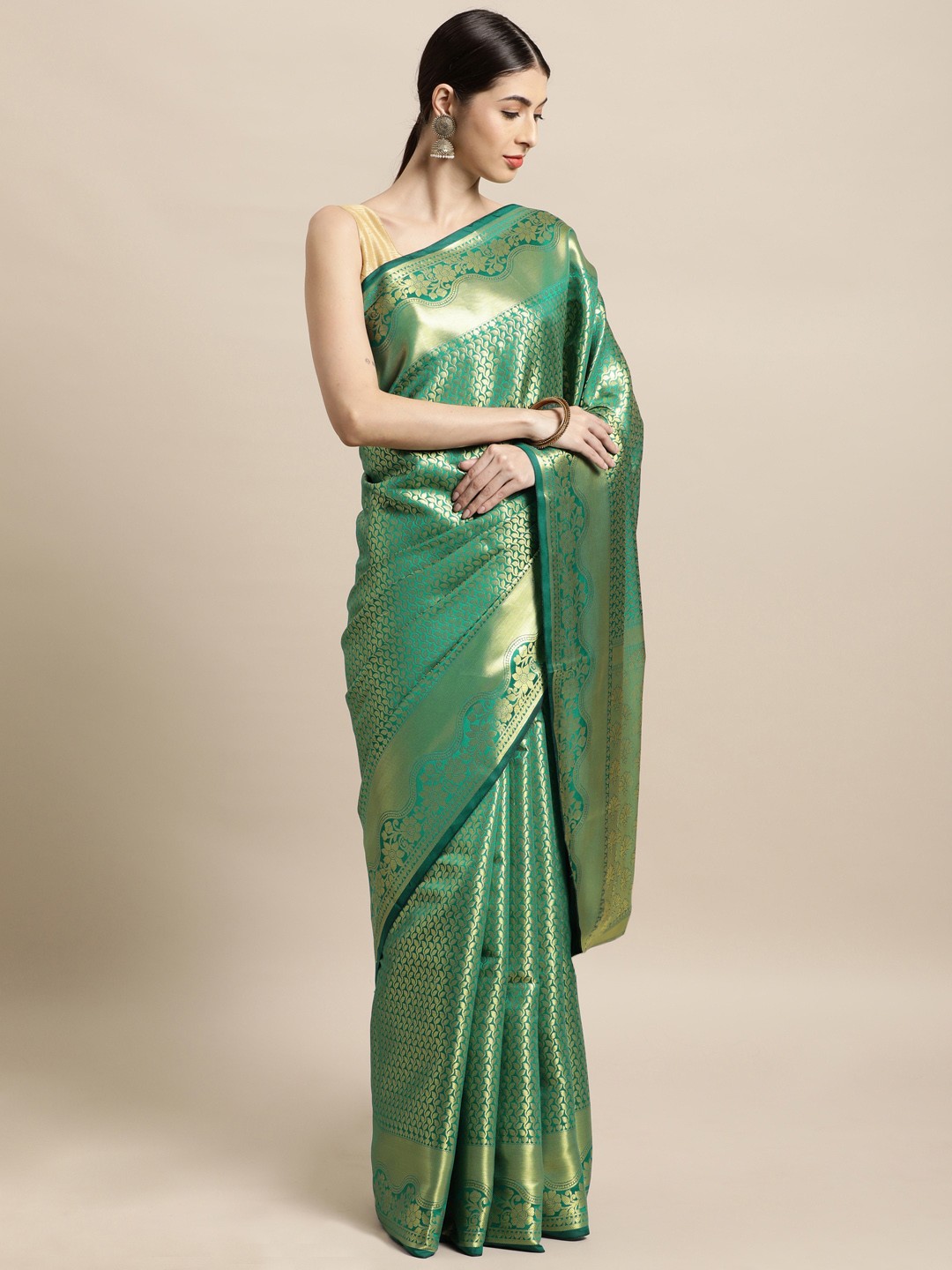 

swatika Green & Green Ethnic Motifs Zari Silk Blend Kanjeevaram Saree