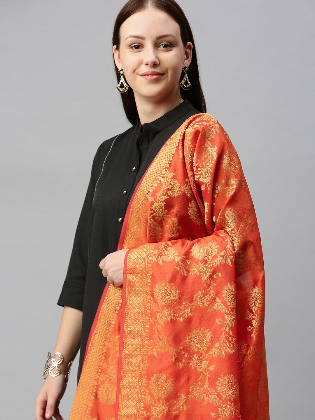 

swatika Orange Ethnic Motifs Woven Design Banarasi Handloom Dupatta with Zari