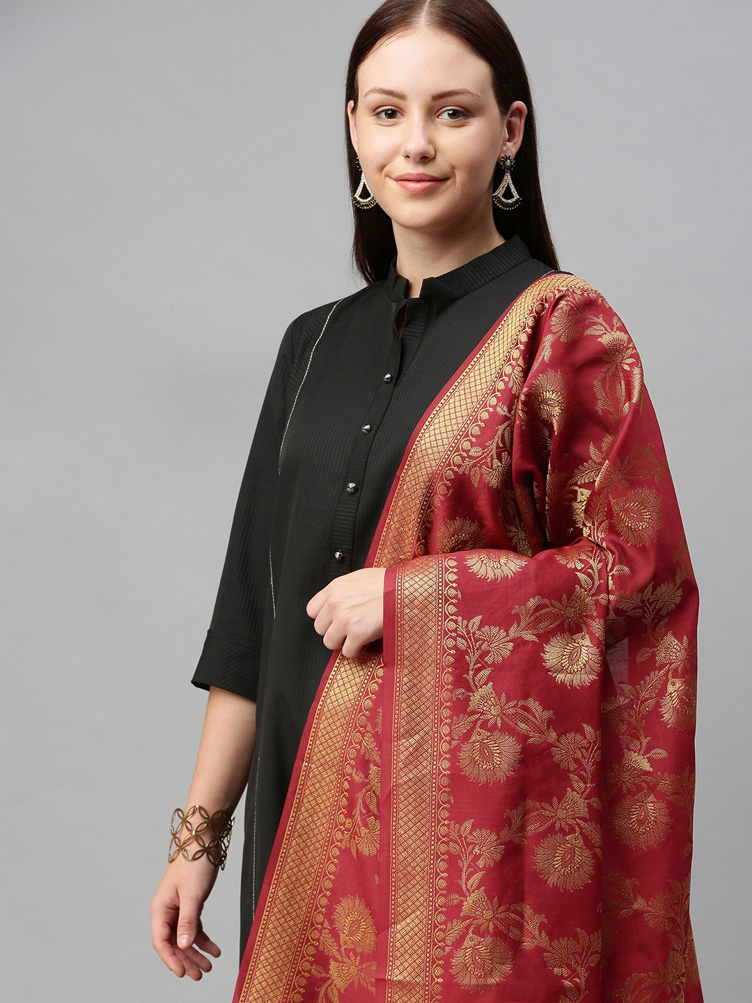 

swatika Maroon Ethnic Motifs Woven Design Banarasi Handloom Dupatta with Zari