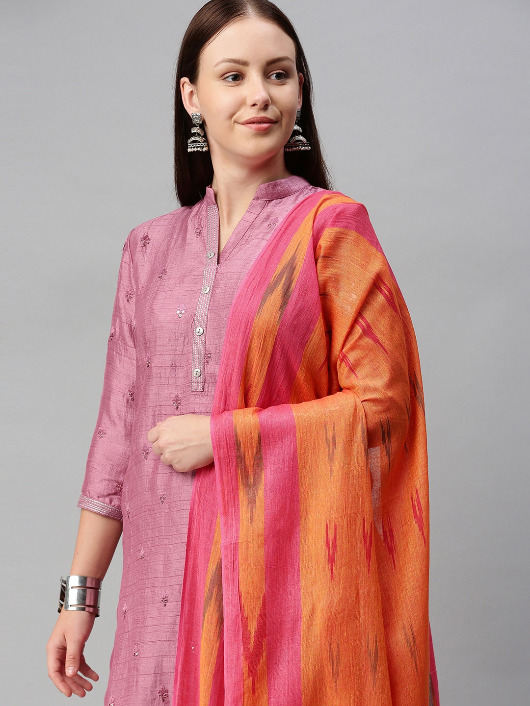 

swatika Orange & Pink Woven Design Pure Cotton Ikat Bhagalpuri Handloom Dupatta