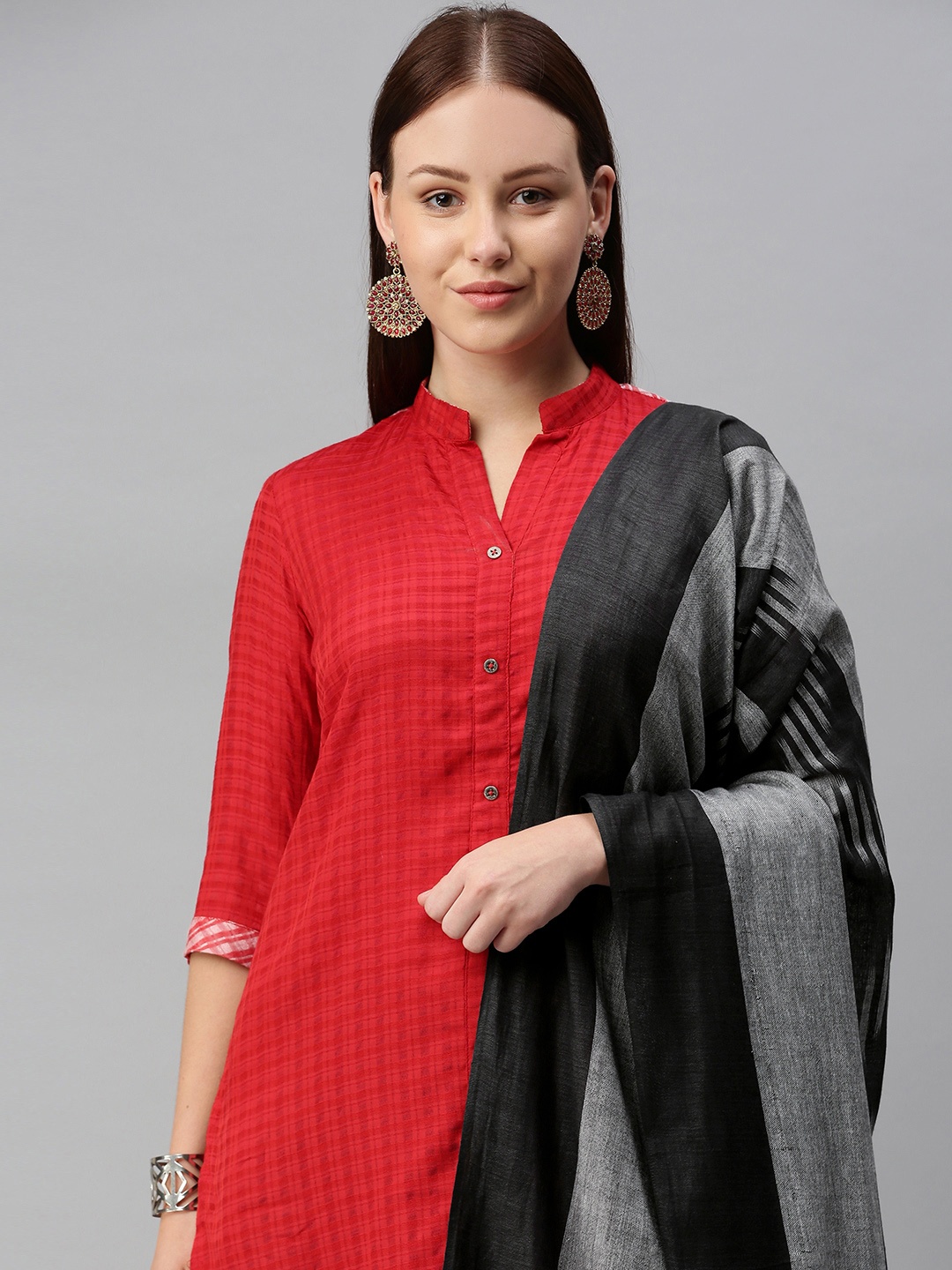 

swatika Grey & Black Striped Pure Cotton Bhagalpuri Handloom Dupatta