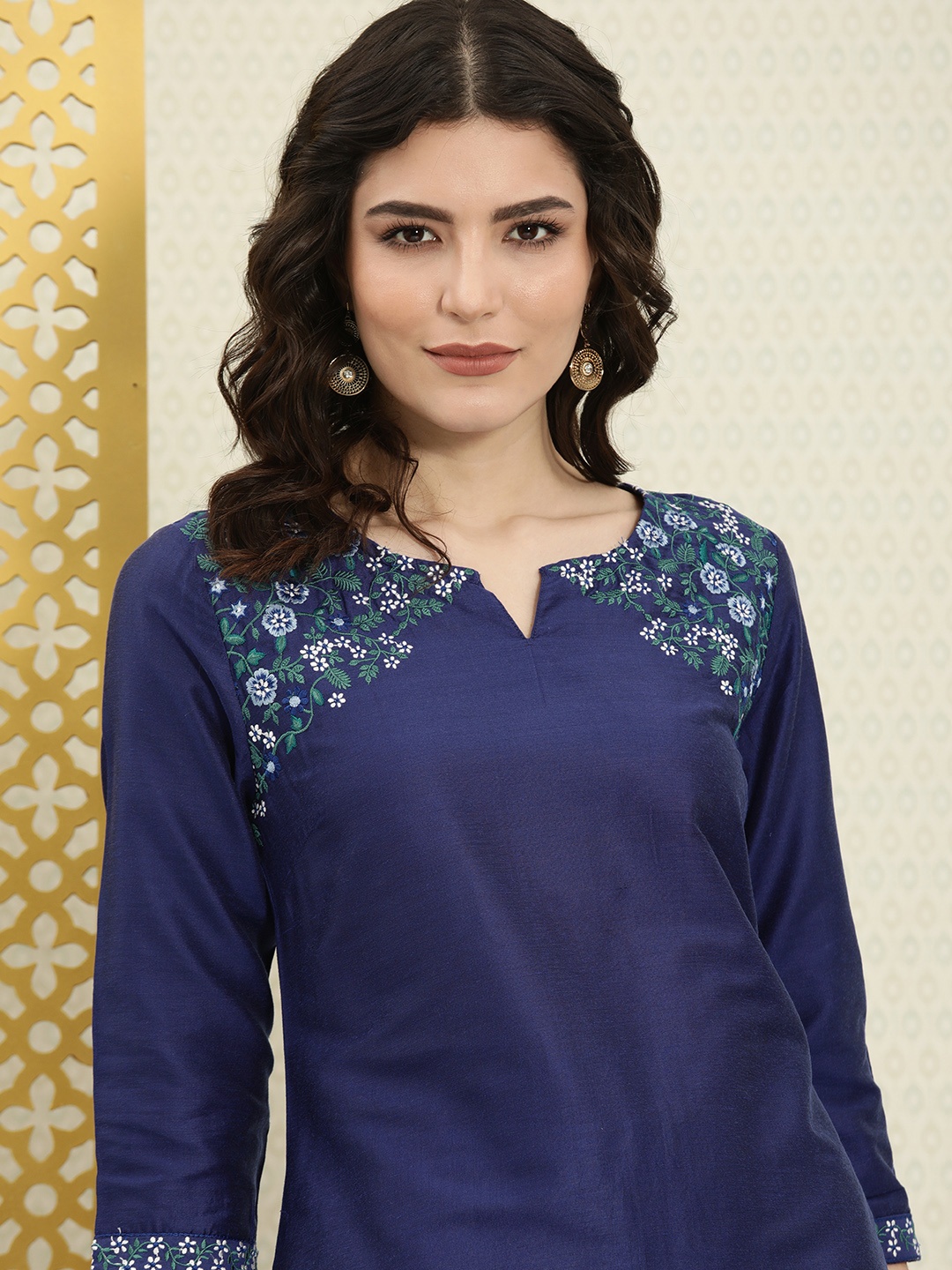 

House of Pataudi Women Blue Embroidered Rozana A-Line Kurta