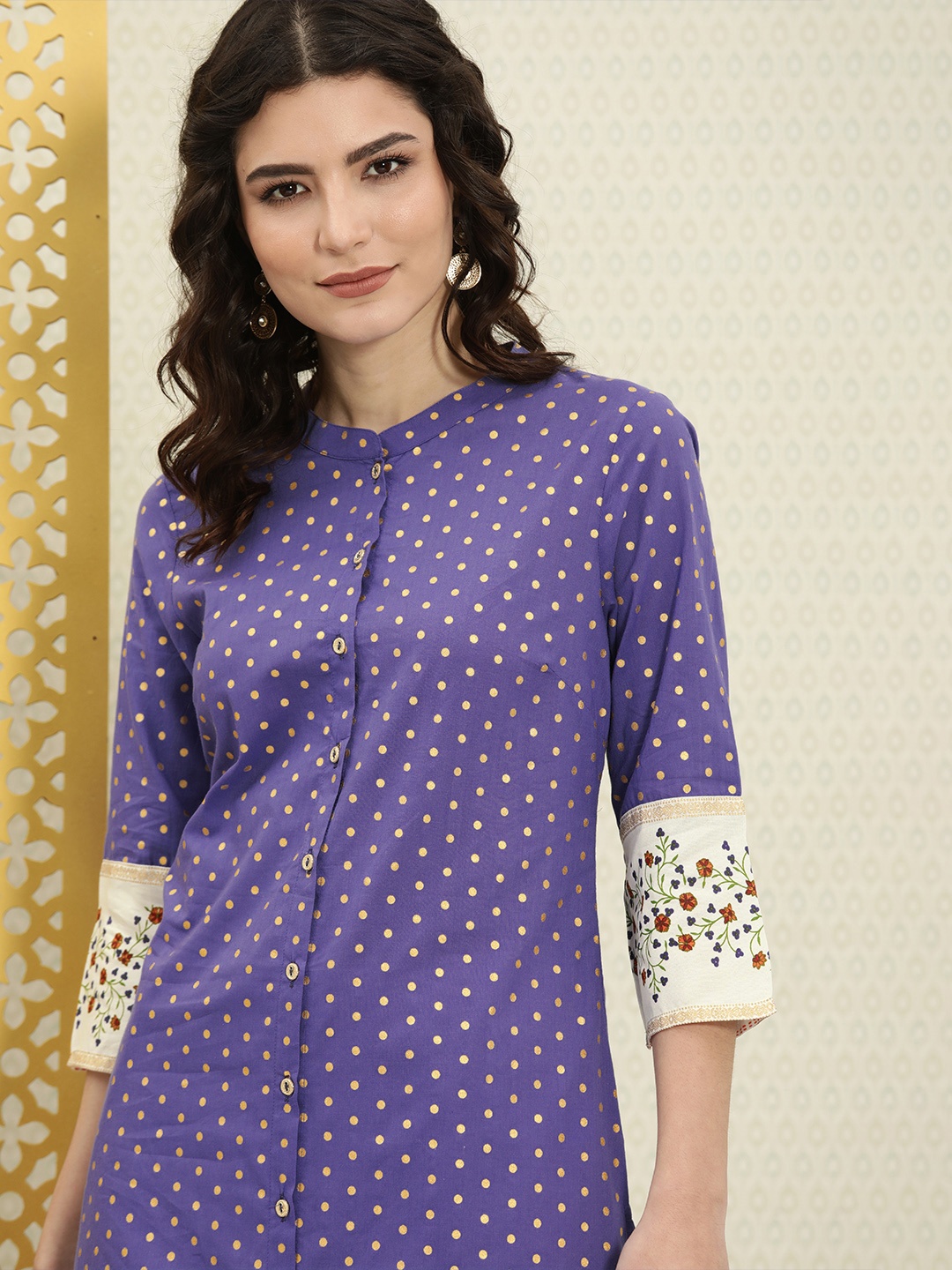 

House of Pataudi Women Blue & Gold-Coloured Polka Dots Printed Rozana Straight Kurta