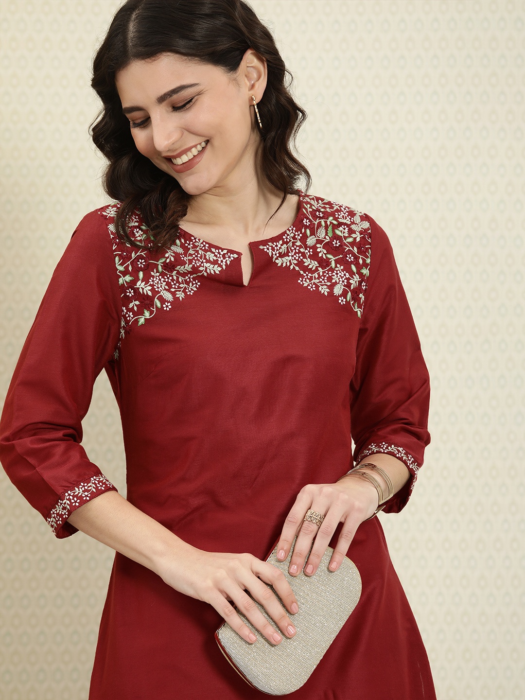 

House of Pataudi Women Maroon Embroidered Rozana A-Line Kurta