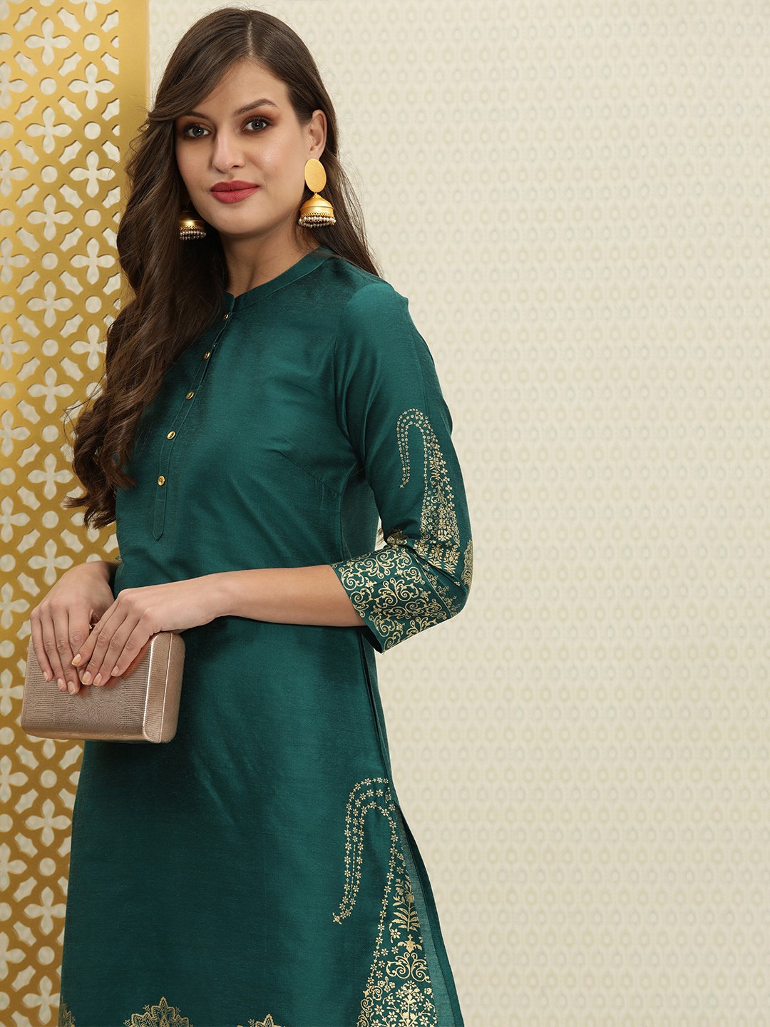 

House of Pataudi Women Green & Gold-Toned Printed Rozana Kurta