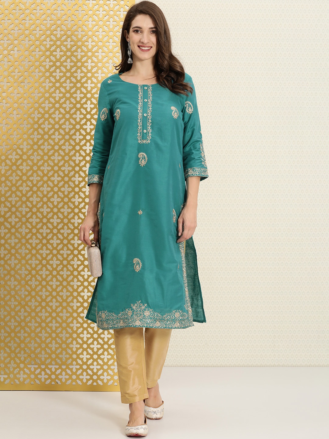 

House of Pataudi Women Blue & Gold-Toned Floral Embroidered Jashn Kurta