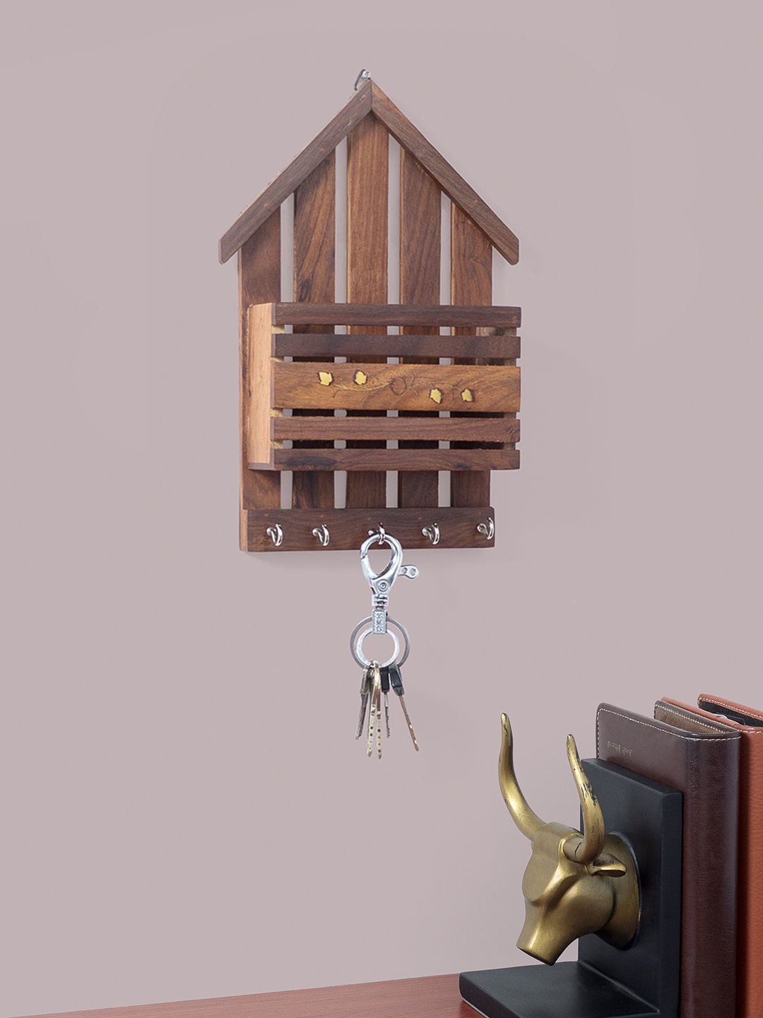 

Golden Peacock Brown Solid Wooden Home-Shaped Key Holder & Magazine Organizer