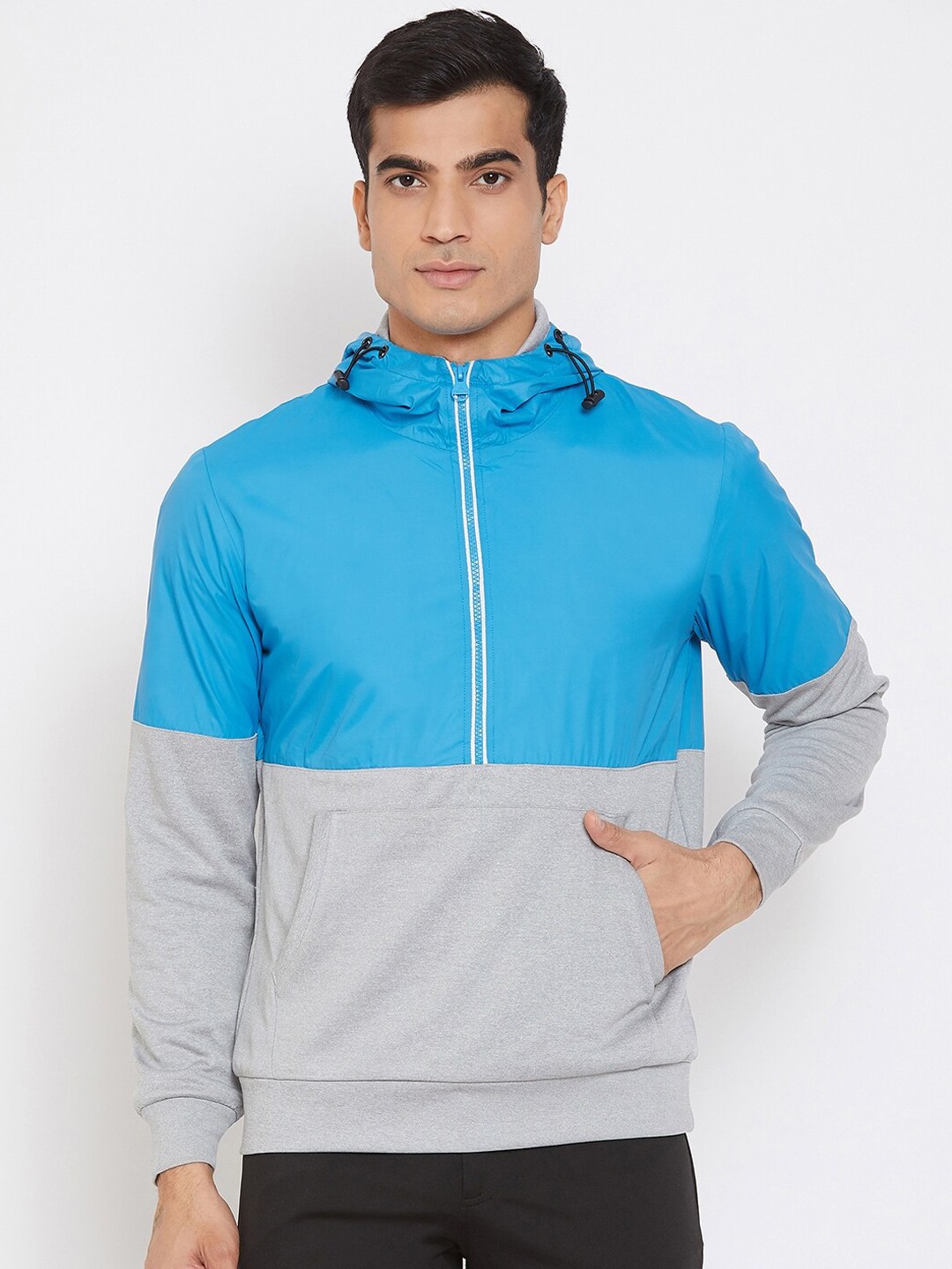 

PERFKT-U Men Blue & Grey Colourblocked Hooded Sweatshirt