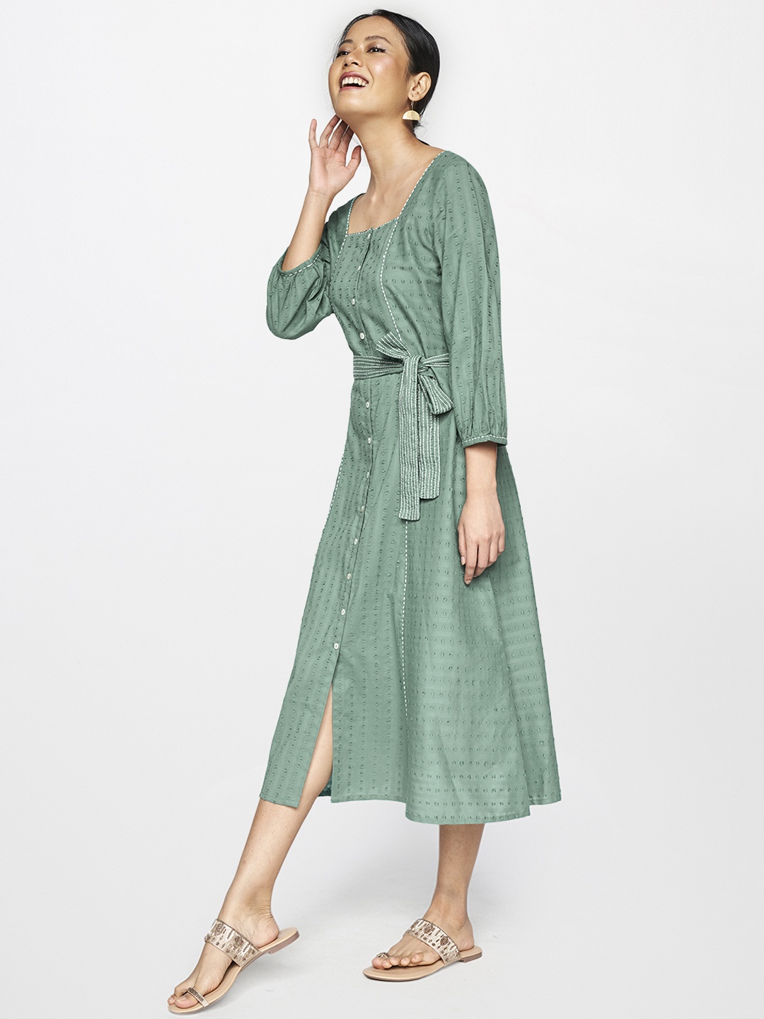

Global Desi Green Self Design Shirt Midi Dress With Embroidered Detailing