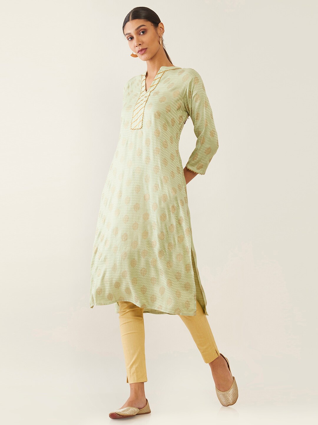 

Soch Women Lime Green & Gold-Toned Ethnic Motifs Printed Kurta