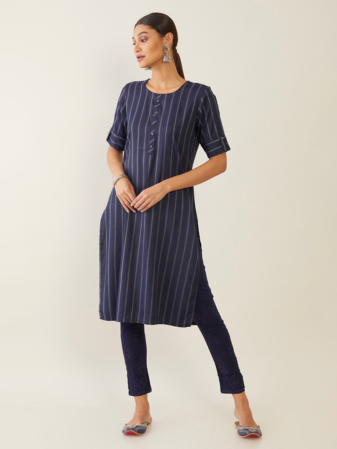 

Soch Women Blue & Grey Striped Kurta