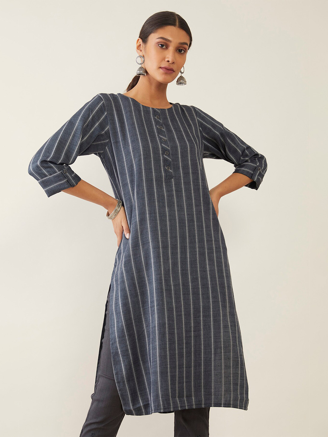 

Soch Women Blue & Grey Striped Kurta
