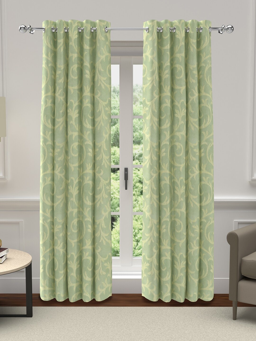 

GM Green & Cream-Coloured Set of 2 Floral Room Darkening Door Curtain