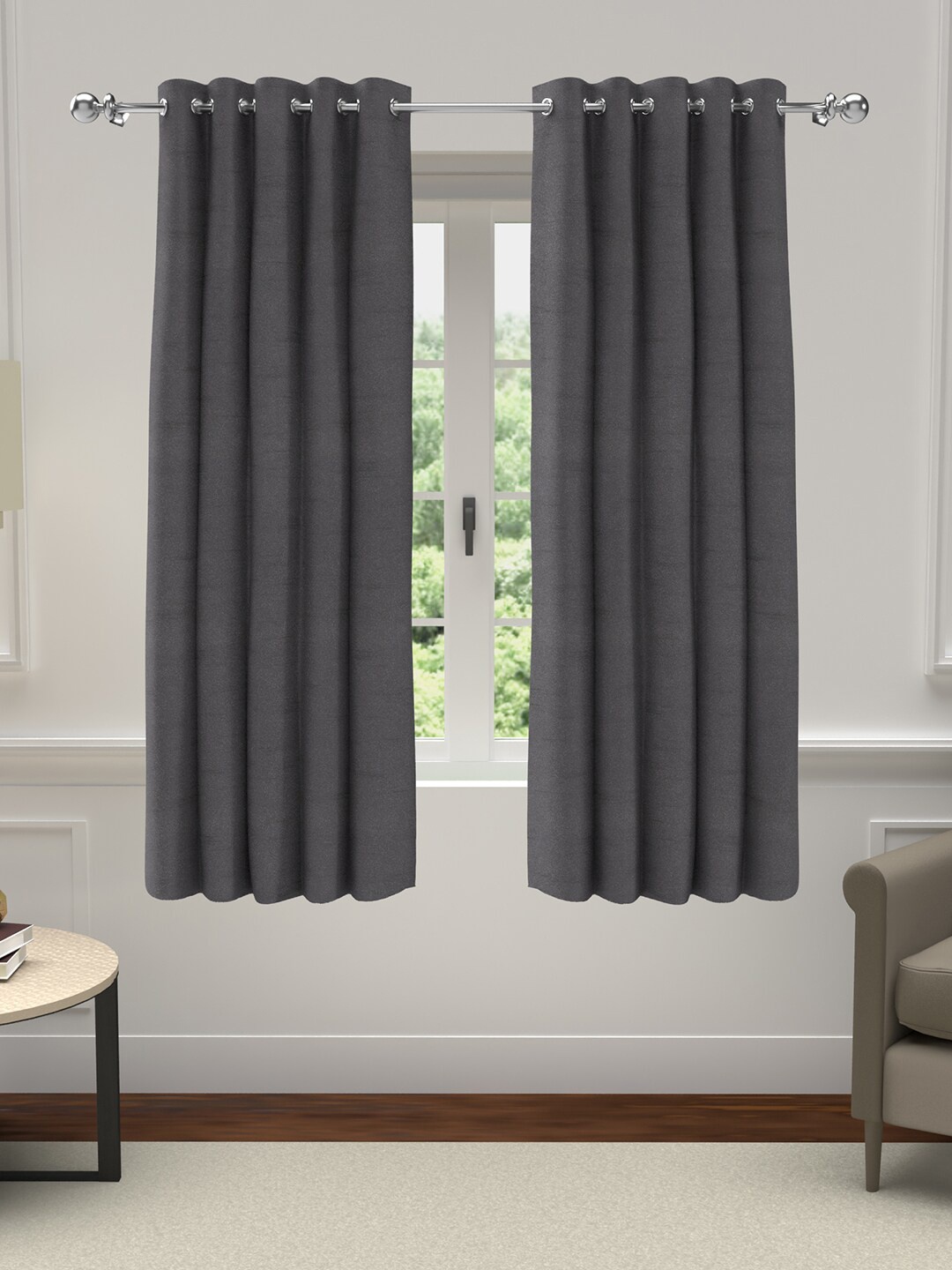 

GM Set of 2 Grey Solid Polyester Grommet Window Curtain