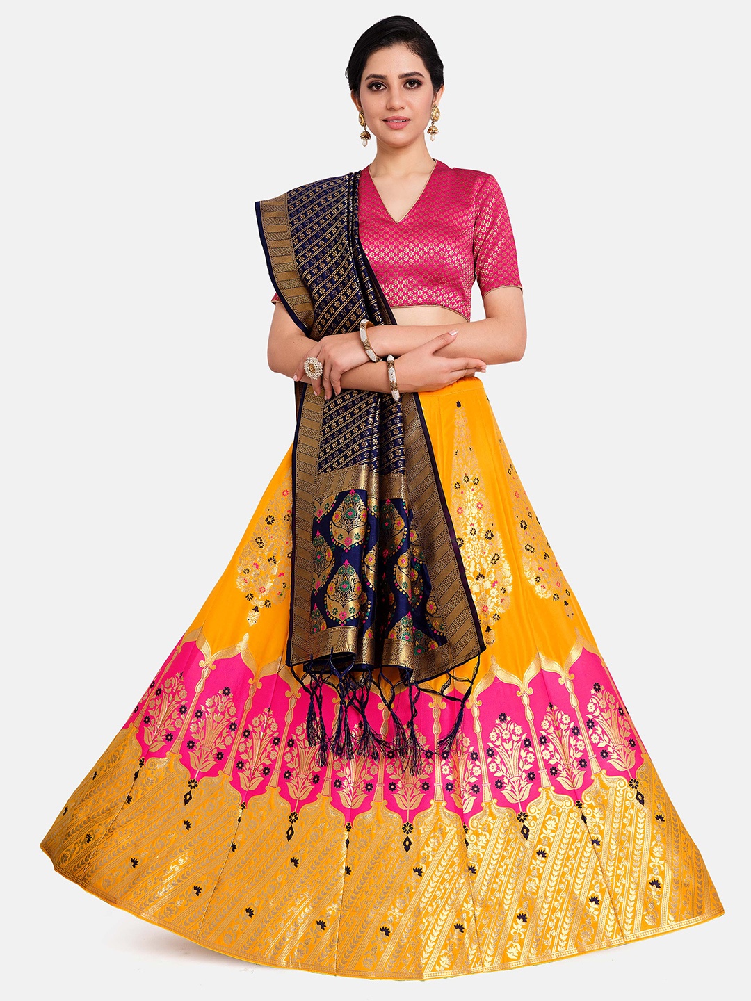 

MIMOSA Yellow & Pink Semi-Stitched Lehenga & Unstitched Blouse With Dupatta