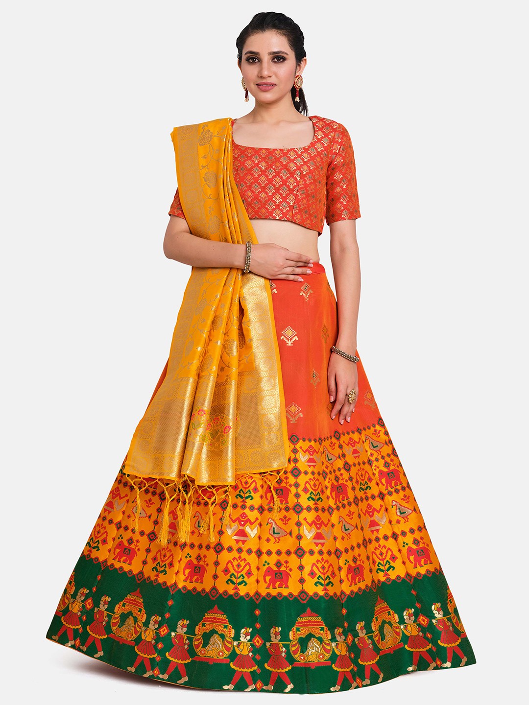 

MIMOSA Orange & Gold-Toned Semi-Stitched Lehenga & Unstitched Blouse With Dupatta