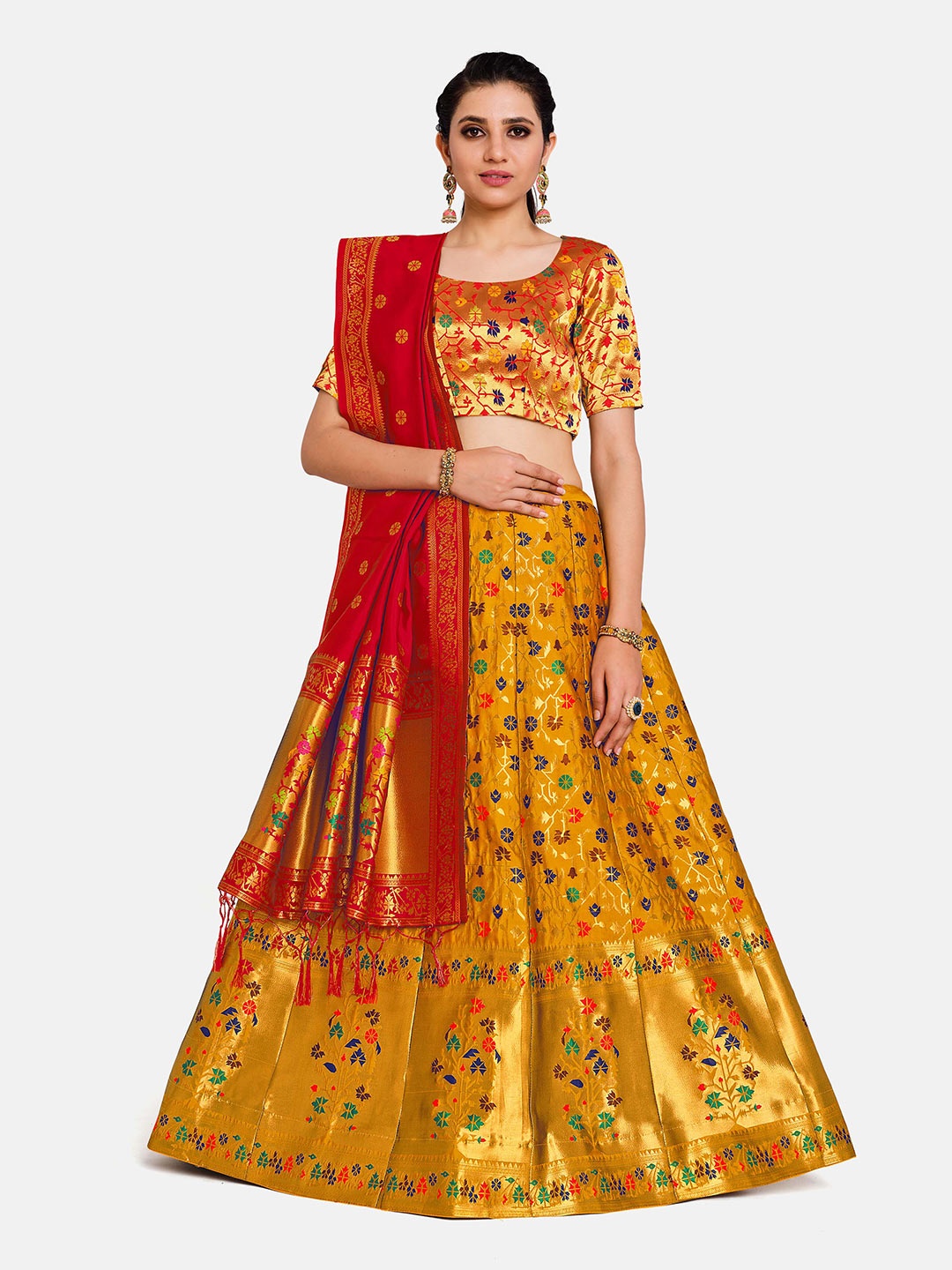 

MIMOSA Yellow & Red Semi-Stitched Lehenga & Unstitched Blouse With Dupatta