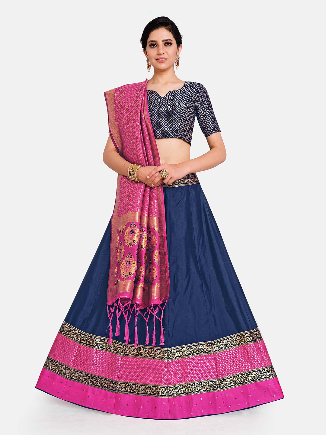 

MIMOSA Navy Blue & Pink Semi-Stitched Lehenga & Unstitched Blouse With Dupatta