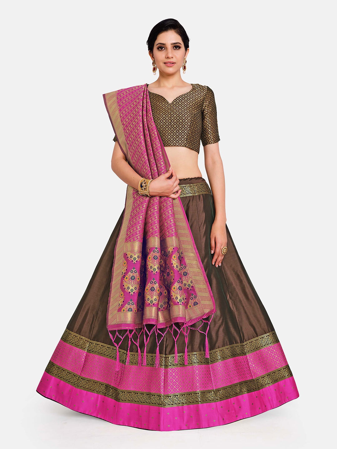 

MIMOSA Brown & Pink Semi-Stitched Lehenga & Unstitched Blouse With Dupatta