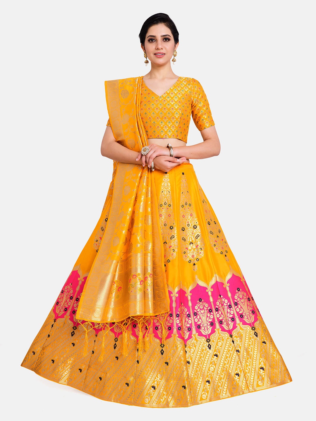 

MIMOSA Yellow & Pink Semi-Stitched Lehenga & Unstitched Blouse With Dupatta