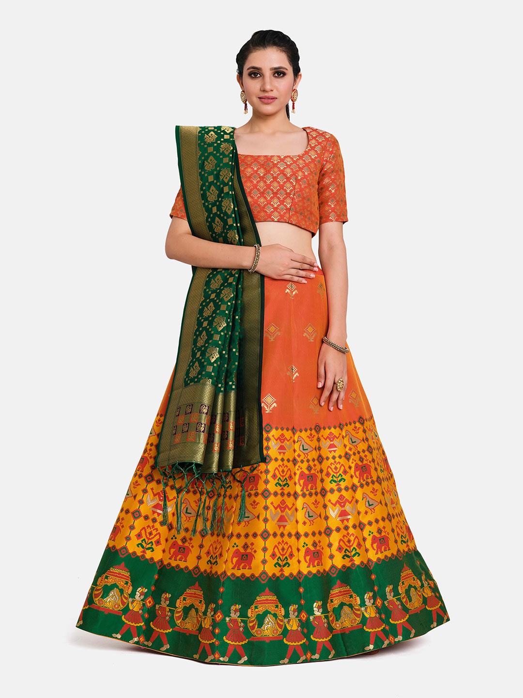 

MIMOSA Orange & Green Semi-Stitched Lehenga & Unstitched Blouse With Dupatta